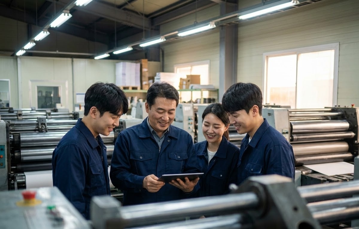 태블릿을 함께 들여다보며 이야기하는 작업복 차림의 동료 넷